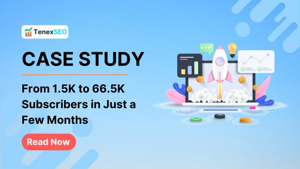 Case Study: 1.5K to 66K Subscribers in just a few months. Illustrated with a rocket launch and growth icons.