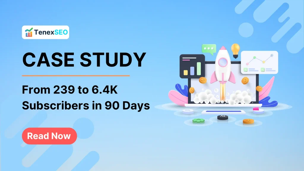 Case Study: 239 to 6.4K Subscribers in 90 Days. Illustrated with a rocket launch and growth icons.